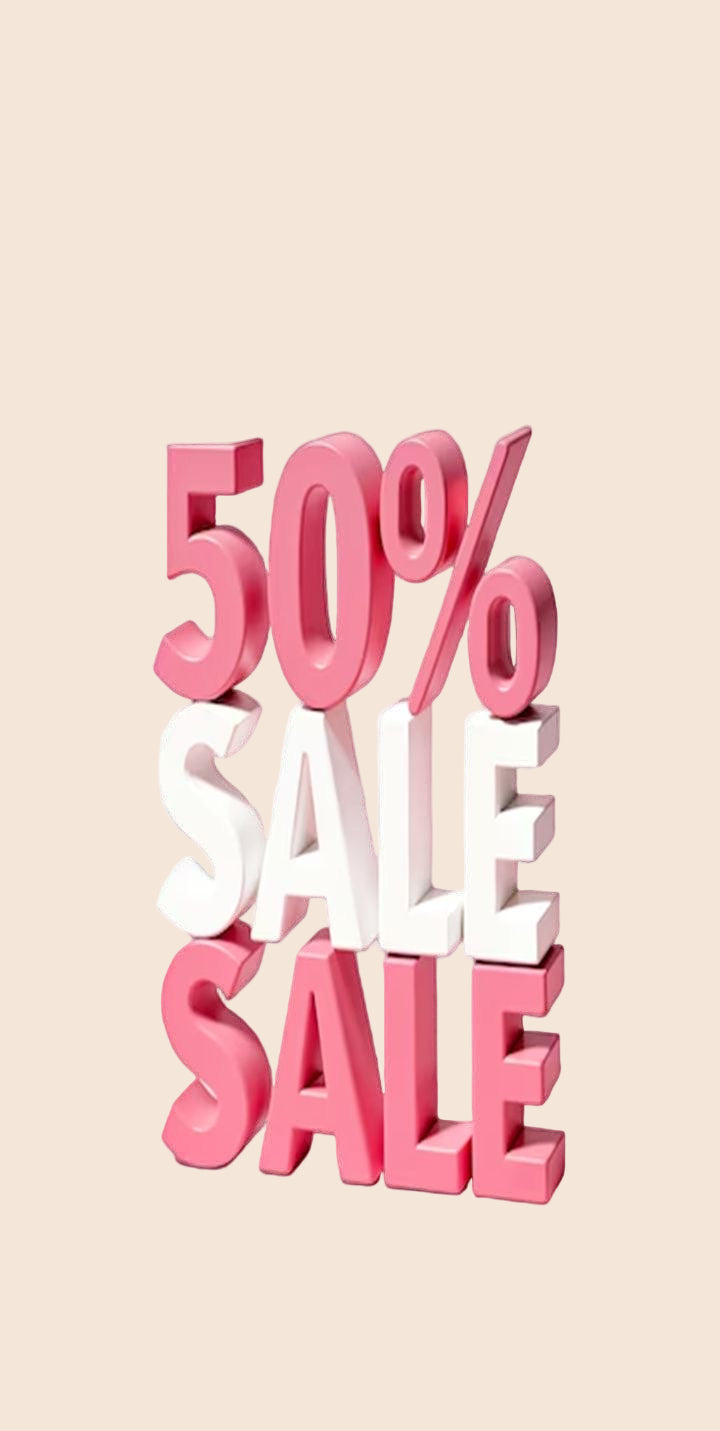 Pink and white '50% Sale' text on a pink background